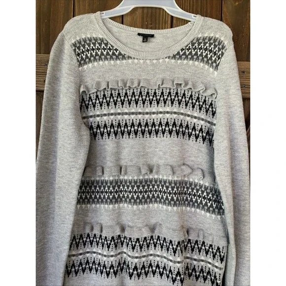 Talbots Gray Ruffle Sweater Womens M Fair Isle Winter Lambswool Wool Blend - Picture 2 of 8